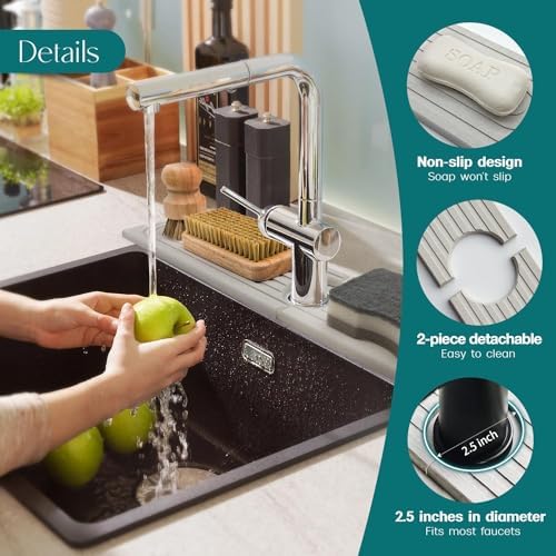 Faucet Mat for Kitchen Sink - 24'' Long Diatomite Fast Drying Stone Sink Tray, Super Absorbent, Prevents Moisture Buildup - Faucet Splash Guard for Bathroom Counter [Light Grey, Includes Sandpaper]1