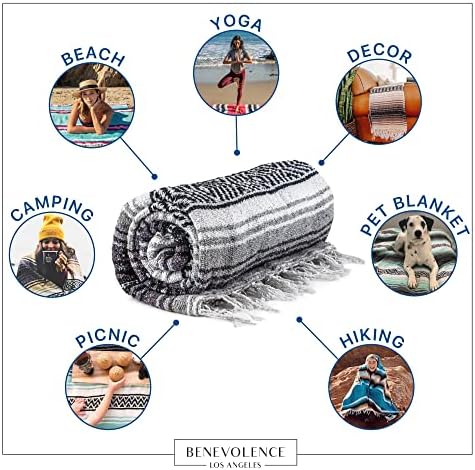 Benevolence LA Authentic Handwoven Mexican Blanket | Yoga Blankets, Outdoor, Picnic, Beach, Camping | Equestrian Saddle | Serape 50x70 inches - Gray, Pack of 1