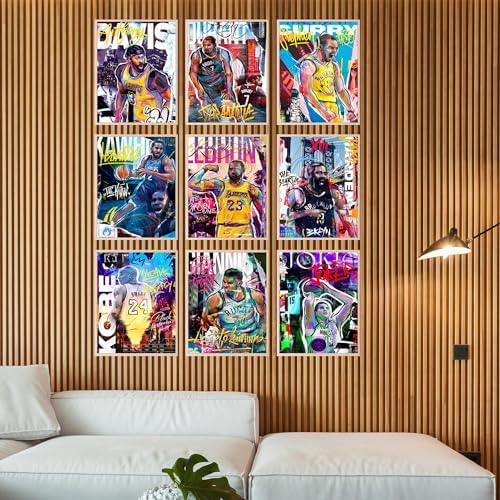 Bigwig Prints Basketball Posters for Boys Bedroom - Basketball Room Decor, Nba Posters, Steph Curry, Kobe Bryant Wall Art, Kevin Durant, Lebron James, Sports Art For Bedroom - Unframed Set of 9 (8x10)