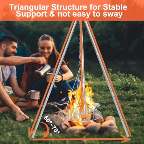 HaSteeL Camping Tripod for Outdoor, Adjustable Portable Cooking Tripod with 17”Folding Grill Grate, Stainless Steel Campfire Grill Stand Hanger for Dutch Oven Hunting Beach BBQ Fire Pit, Easy Assemble