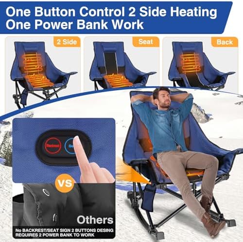 Slendor Oversized Rocking Camping Chair, XL Heated Camping Chair w/ 3 Levels Heat for Back+Seat, Padded Rocking Lawn Chair with 20000 mAh Power Bank, Pillow, Side Pocket, Carry Bag, Navy Blue