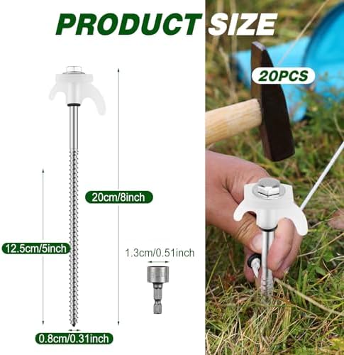 20 Pcs 8" Screw in Tent Stakes Heavy Duty Tent Stakes Drillable Ground Anchors Screw Metal Tent Pegs Threaded Tent Spikes with Head Driver for Swing Inflatable Decor (Illuminant White)