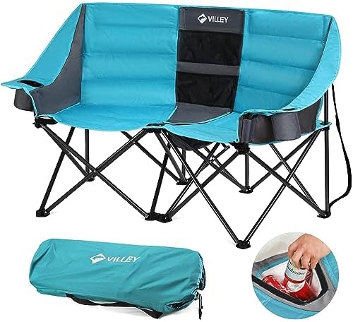 VILLEY Double Camping Chair w/Cooler Bag, Extra Wide Loveseat, Heavy Duty Padded Camping Couch, Portable Folding Chair w/Carry Bag Steel Frame Cup Holders for Camp Lawn Picnic Sports, Support 600LBS