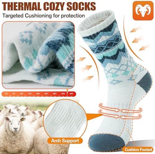 EBMORE Womens Merino Wool Hiking Socks Thermal Warm Winter Crew Cushion Work Boot Outdoor Socks 5 Pairs