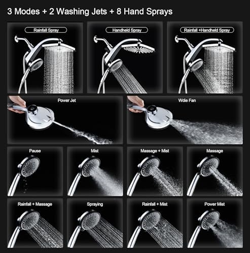 High Pressure Rain Shower Head: Upgrade Shower Heads with Handheld Spray Combo with Fixed Showerhead and 10 Sprays Handheld Shower Head, Detachable Shower head Built-in Magnetic Docking and Power Jets