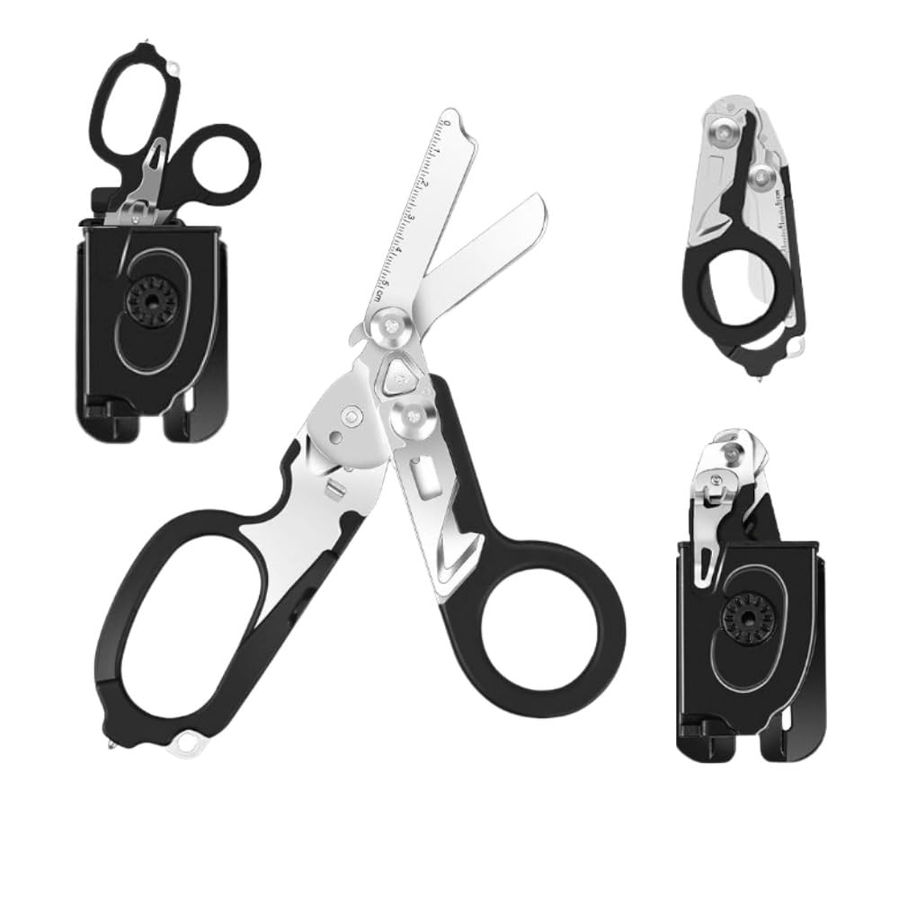 6 in 1 Multifunctional Trauma Shears Foldable with Strap Cutter | Heavy Duty Stainless Steel Emergency Response Shears | Survival Shears With Holster | Medical Trauma shears Tactical | Black