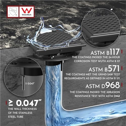 6 Inch Square Shower Floor Drain with Flange,Quadrato Pattern Grate Removable,Food-Grade SUS 304 Stainless Steel,Watermark&CUPC Certified,Matte Black
