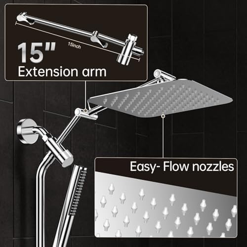 Veken 10" Luxurious All Metal Rain Shower Head with Handheld Spray Combo, High Pressure Rainfall Square Shower Heads with Extention Arm, Wide Dual Showerhead, Bathroom Accessories, Chrome, Silver