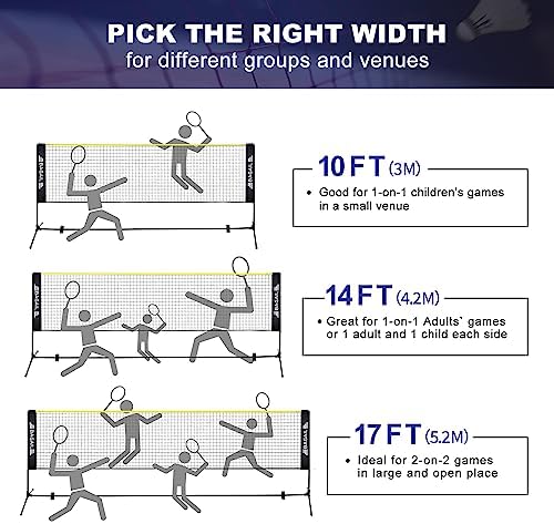 BAGAIL Badminton Net, Height Adjustable Kids Volleyball Net, Foldable Nylon Net 10 ft/14ft/17ft Wide, Tennis Net, Small Pickleball Net for Backyard Game and Indoor Outdoor Use, Easy Setup