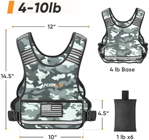 APEXUP Adjustable Weighted Vest, 4-10lb/12-18lb/20-32lb Vest with 6 Ironsand Weights and Large Pocket, Weight Vest for Men Women Strength Training, Running, Walking