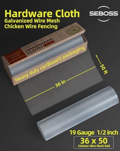 SEBOSS 36''x50' Hardware Cloth 1/2 inch 19 Gauge - Hot-dip Galvanized After Welding - Chicken Wire Fence Roll Galvanized Wire Mesh Roll Garden Fence Tree Guard Welded Wire Fencing