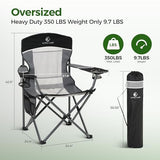 ALPHA CAMP Oversized Mesh Back Camping Folding Chair Heavy Duty Support 350 LBS Collapsible Steel Frame Quad Chair Padded Arm Chair with Cup Holder Portable for Outdoor (Black/Grey)