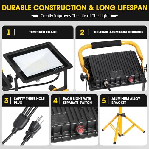 21000Lumen LED Work Lights with Stand - 3 Head Portable Work Light with 16FT Cord - IP66 Waterproof Tripod Worklights for Outdoor Indoor Job Site Workshop Garage Construction Site Lighting