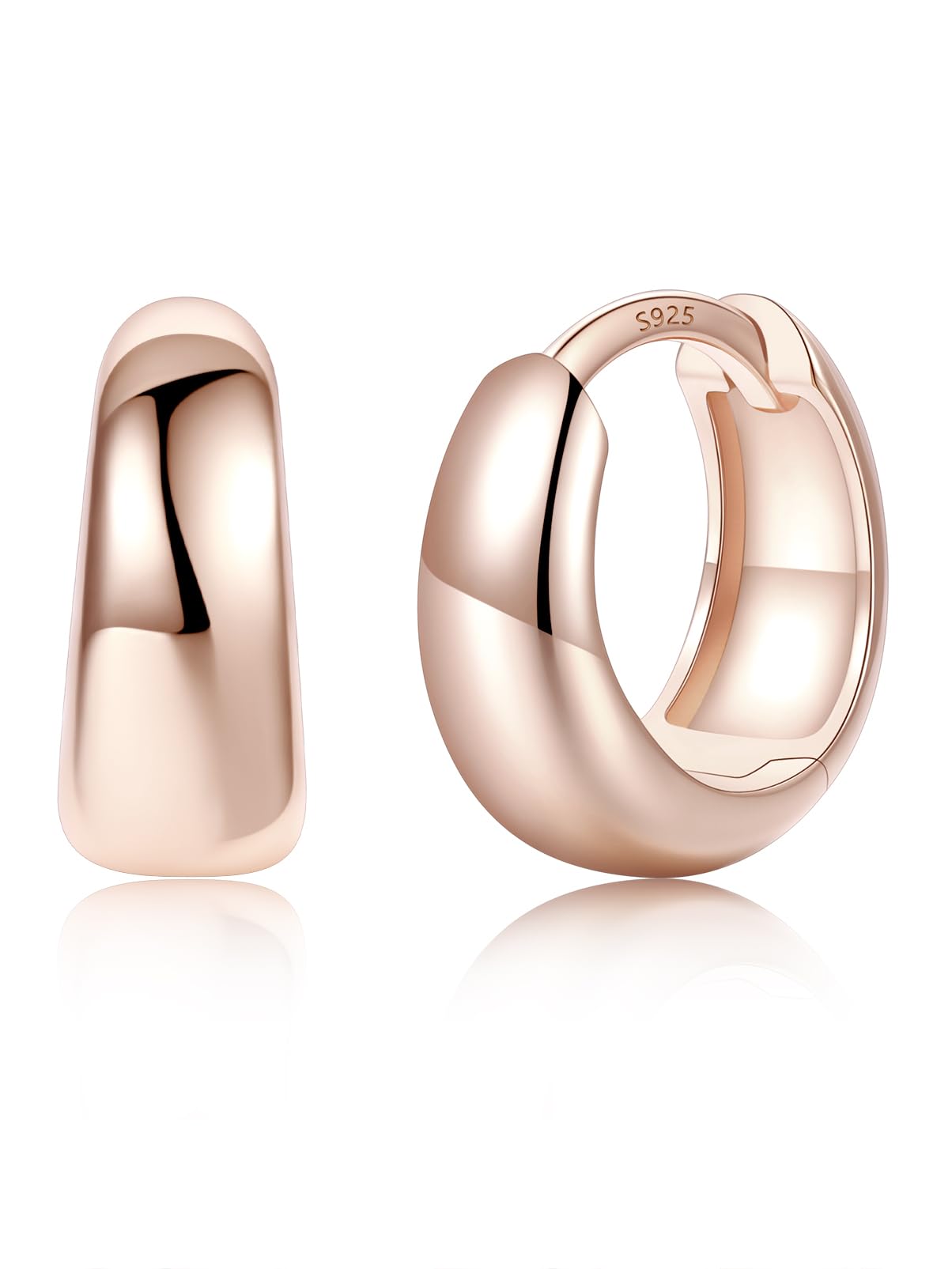Silvora Rose Gold Huggie Earrings for Women, Small Chunky Hoops with 925 Sterling Silver Post, Lightweight Rose Gold Earrings, 8mm