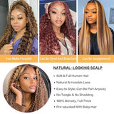Honey Blonde 13x6 Deep Wave Lace Front Wigs Human Hair 30 inch 4/27 Highlight Ombre Deep Wave HD Transparent Lace Front Wigs Pre Plucked 200% Density Wet And Wavy Curly Lace Frontal Wig for Women