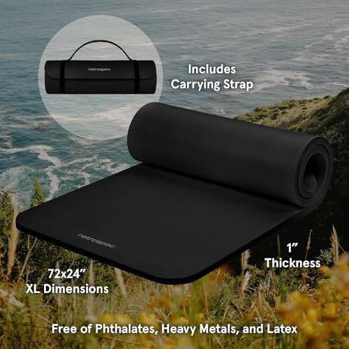 Retrospec Solana Yoga Mat 1" Thick With Nylon Carry Strap for Men & Women - Non Slip Exercise Mat for Home Yoga, Pilates, Stretching, Floor & Fitness Workouts