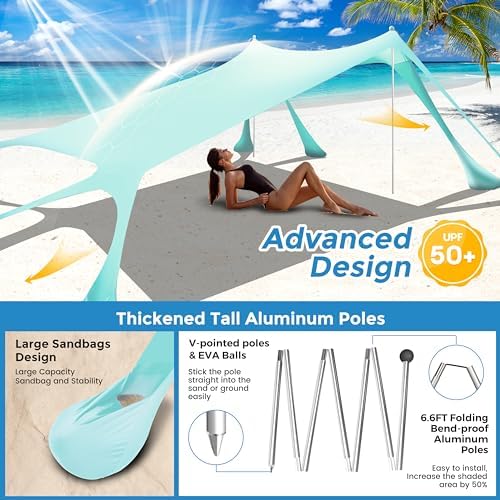 Beach Canopy Beach Tent Pop Up Shade 10x10ft Sun Shelter UPF50+ with 8 Sandbags-2 Sand Shovel-4 Aluminum Poles-Ground Pegs-Portable Carrying Bag for Outdoor Family Camping Fishing Yard Picnic