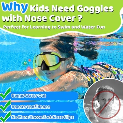 Vvinca Swim Goggles with Nose Cover, 2 Pack Wide View Diving Mask Anti-Fog UV No Leak Toddlers Swimming Goggles for Kids 3-15