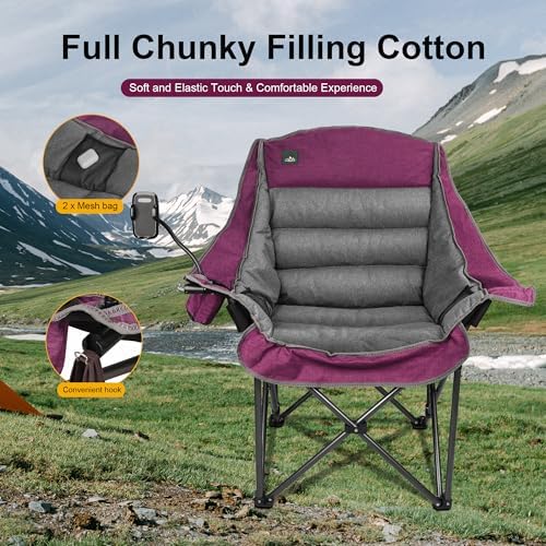 Oversized XL Padded Camping Chair w/Cell Phone Holder, Large Camp Lounge Chair, Foldable Lawn Chair w/Cup Holder,Carry Bag for Outdoor Hiking, Beach, Picnics, Heavy-Duty 400-lbs Capacity