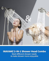 2-in-1 Shower Head With Handheld Combo: 2.5GPM Rainfall & Detachable Use Together or Alone, 9 Spray Settings Hand Held With Hose, Nickel