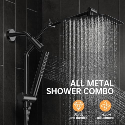 Veken 10" Luxurious All Metal Rain Shower Head with Handheld Spray Combo, High Pressure Rainfall Square Shower Heads with Extension Arm, Wide Dual Showerhead, Bathroom Accessories, Matte Black