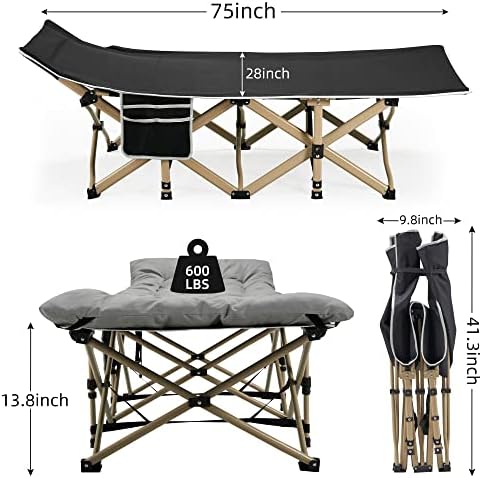 Portable Camping Cot, 600LBS Max Load, Extra Wide with Thick Mattress, Folding Cot for Outdoor Camping/Office, Home Nap (Grey)