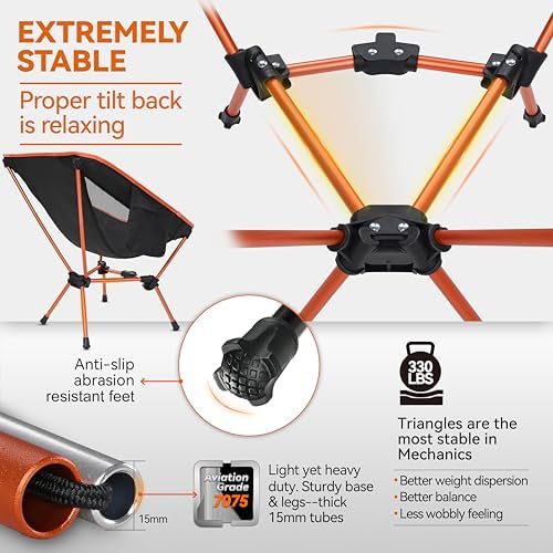 MARCHWAY Lightweight Folding Camping Chair, Stable Portable Compact for Outdoor Camp, Travel, Beach, Picnic, Festival, Hiking, Backpacking, Supports 330Lbs (Orange)