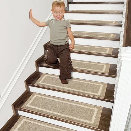COSY HOMEER Soft Stair Treads Non-Slip Carpet Mat 28inX9in Indoor Stair Runners for Wooden Steps,Stair Rugs for Kids and Dogs, 100% Polyester TPE Backing 4pcs,Beige,Square