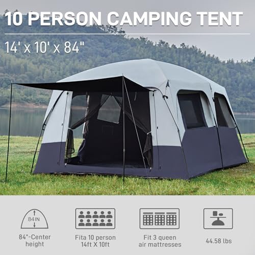 EVER ADVANCED 10 Person Camping Blackout Tent, Multi Room Tent for Family, Large Tents with Rainfly and Carry Bag, 2 Doors, Water-Resistant, 14ft x 10ft x 84in