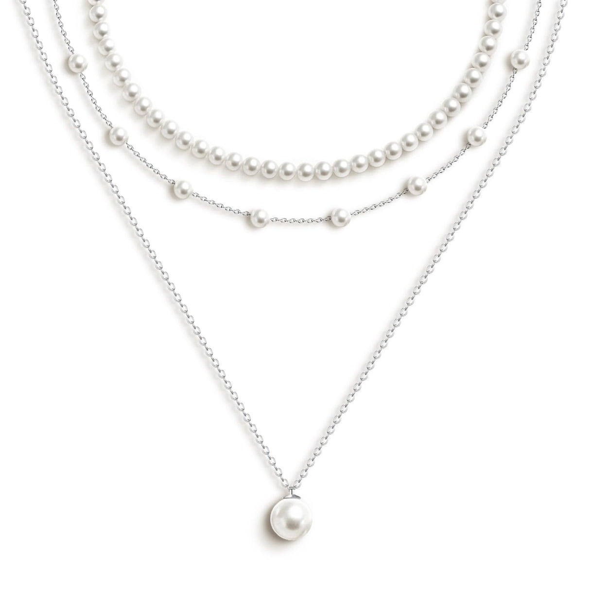 Zeffy Layered Silver Pearl Necklaces for Women Silver Plated Dainty Layered Tiny Single Pearl Choker Trendy Cute Silver Necklace Stack Wedding Jewelry Sets for Women Bridesmaid Gifts