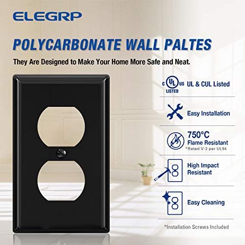 ELEGRP Duplex Receptacle Outlet Covers, 1-Gang Standard Size Wall Plates, Unbreakable Polycarbonate Dual Outlet Faceplates Covers, UL Listed, Color-matched Screws Included (20 Pack, Glossy Black)