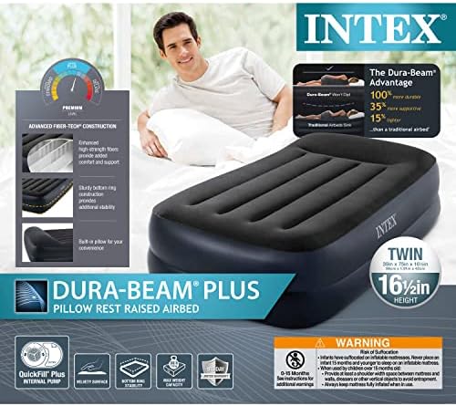 INTEX Raised Airbed Mattress with Built-in Pump, Dura-Beam Plus Pillow, Twin - Portable Inflatable Luxury Blow-Up Bed for Adults, Camping, Guests