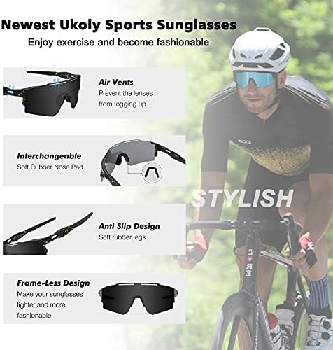 Ukoly Cycling Sunglasses for Men Women with 3 Interchangeable Lenses, Polarized Sports Sunglasses, Baseball Sunglasses