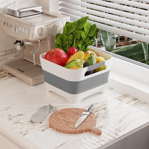 2.4 Gal Collapsbile Wash Basin with Drian Plug,9L Dish Pan for Soaking Baby Bottles,Portable Sink, Multiuse Foldable Bucket,Ice Beverage Tubs for Camping, Vegetable Washing, RV (Gray)