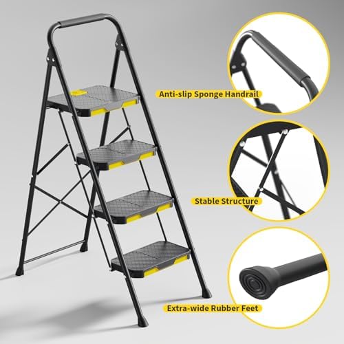 KINGRACK 4 Step Ladder, Sturdy Steel Step Stool with Safe-Lock Design, Handrail, Anti-Slip Wide Pedals, Pass 800lbs Load Testing, Folding Portable Ladder for Multi-Purpose, Home, Kitchen, Black
