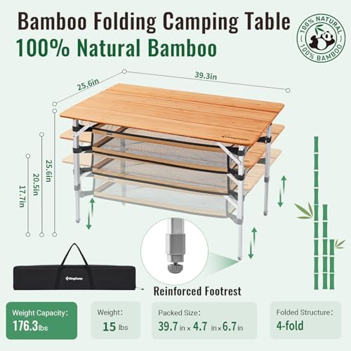 KingCamp Adjustable Height Folding Table, 4-Fold Bamboo Camping Outdoor Portable RV Camp Table with Carry Bag & Storage for Outdoor Car Backyard Picnic Tailgating Beach