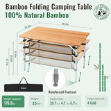 KingCamp Adjustable Height Folding Table, 4-Fold Bamboo Camping Outdoor Portable RV Camp Table with Carry Bag & Storage for Outdoor Car Backyard Picnic Tailgating Beach