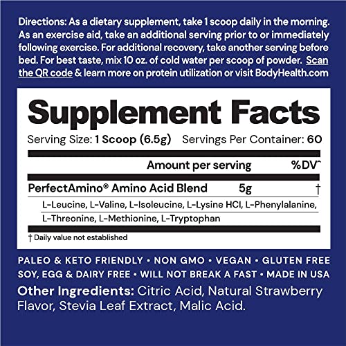BodyHealth PerfectAmino Powder Strawberry (60 Serving) Best Pre/Post Workout Recovery Drink, 8 Essential Amino Acids Energy Supplement with 50% BCAAs, 100% Organic, 99% Utilization