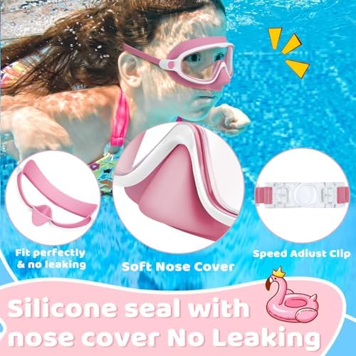 Vvinca 2 Pcs Kids-Swim-Goggles with Nose Cover, Swimming Diving Mask Wide View Anti Fog UV Anti Shattered Lens for Kids 3-6