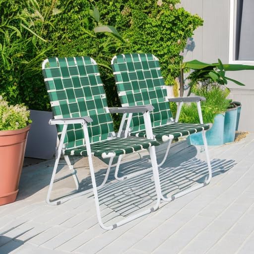 VINGLI Patio Lawn Webbed Folding Chairs Set of 2, Outdoor Beach Chair Portable Dining Chair for Outdoor Yard, Garden (Dark Green, Classic)
