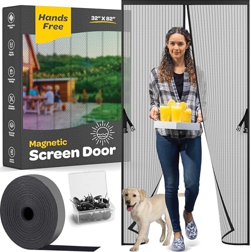 Hands-Free Magnetic Screen Door, Heavy Duty, Self Sealing Screen Door Mesh Protector, Pet and Kid-Friendly, Stay-Open Buckle, Keeps Bugs Out While Letting Nature in, Fits Door Size (32" x 82")