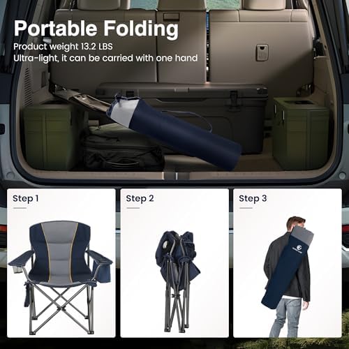 Oversized Portable Camping Folding Chair, Heavy Duty Foldable Outdoor Chair, Camp Chair with Cup Holder and Cooler Bag for Camp, Travel, Support 450 LBS, 2 Pack(Blue)…