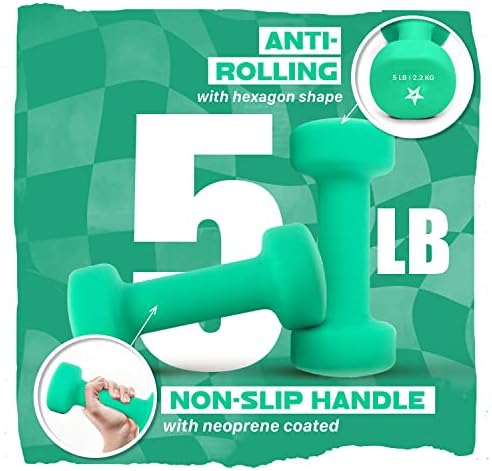 Yes4All Neoprene Coated Dumbbell Hand Weight Sets of 2 - Multiple Weight Options with 15 Colors, Anti-roll, Anti-Slip, Hexagon Shape