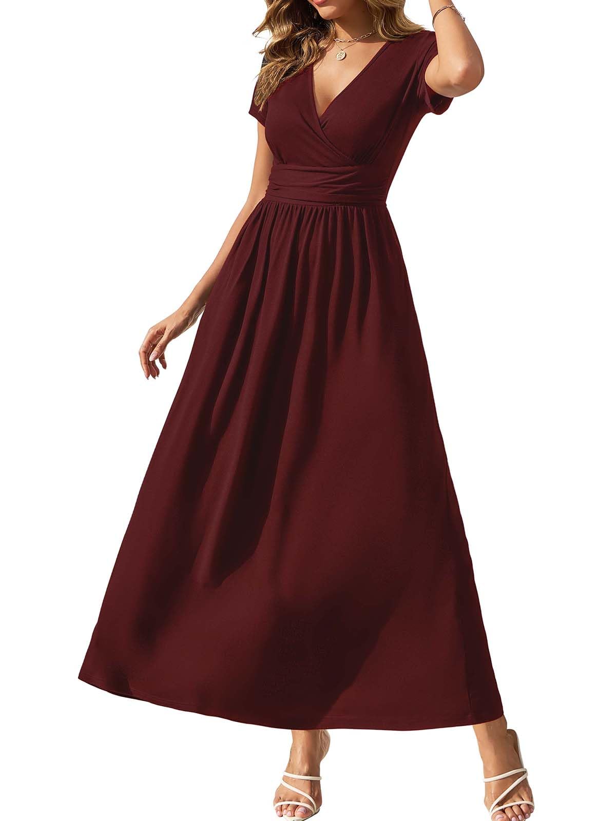 Gracyoga Womens Summer Wrap Christmas Dresses Fall Midi Smocked Swing Wine Red Dress Empire Waist Vintage V Neck High Waist Casual Long Sundress Dinner Outfit L