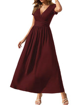 Gracyoga Womens Summer Wrap Christmas Dresses Fall Midi Smocked Swing Wine Red Dress Empire Waist Vintage V Neck High Waist Casual Long Sundress Dinner Outfit L