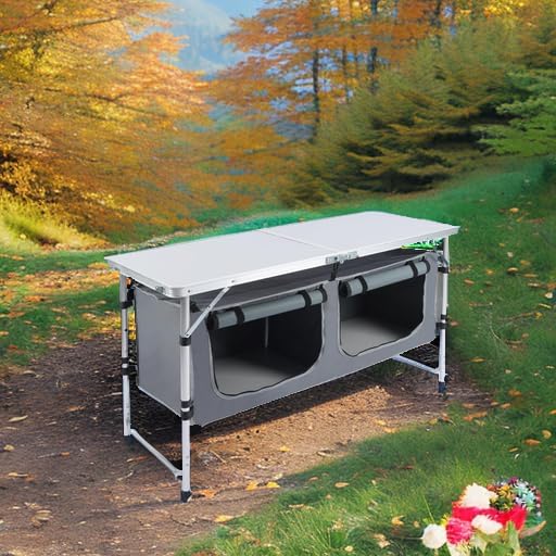 Camping Table, Folding Camping Table with Storage, Portable Kitchen Table, Lightweight, 3 Heights Adjustable Camping Furniture for BBQ, Picnic, Camping, Hiking, Beach, and Indoor