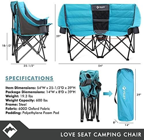 VILLEY Double Camping Chair w/Cooler Bag, Extra Wide Loveseat, Heavy Duty Padded Camping Couch, Portable Folding Chair w/Carry Bag Steel Frame Cup Holders for Camp Lawn Picnic Sports, Support 600LBS