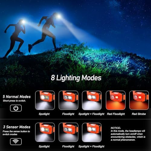 Headlamp Flashlight, 2-Pack Super Bright LED Rechargeable Headlight - Spotlight&Floodlight Combination,Sensor Control, 8 Modes,IPX5 Waterproof, 20+Hrs Runtime for Camping-Orange