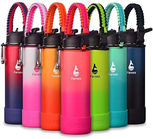 Farsea Insulated Water Bottle With Paracord Handle, Protective Silicone Boot and 2 Lids (Straw Lid & Spout Lid), Stainless Steel Water Bottle Wide Mouth, Double Wall Sweat-Proof BPA-Free, 24 oz