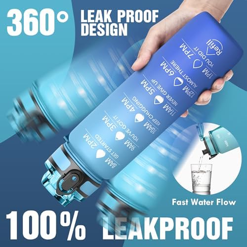 OLDLEY Water Bottle, 32oz Motivational Sports Water Bottle with Time Marker - Times to Drink - Tritan, BPA Free, Wide Mouth Leakproof, Sky (1 Bottle)